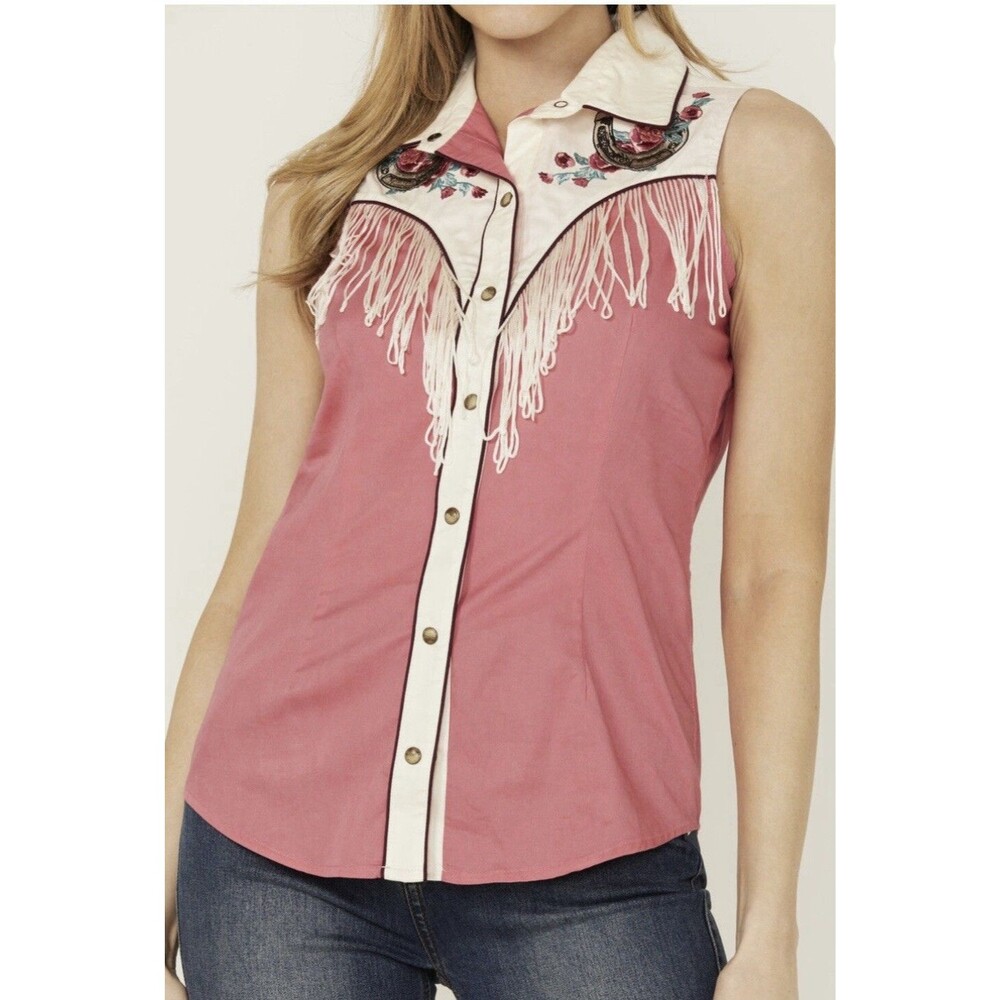 Rock & Roll Cowgirl Pink Sleeveless Western Fringe Button Tank